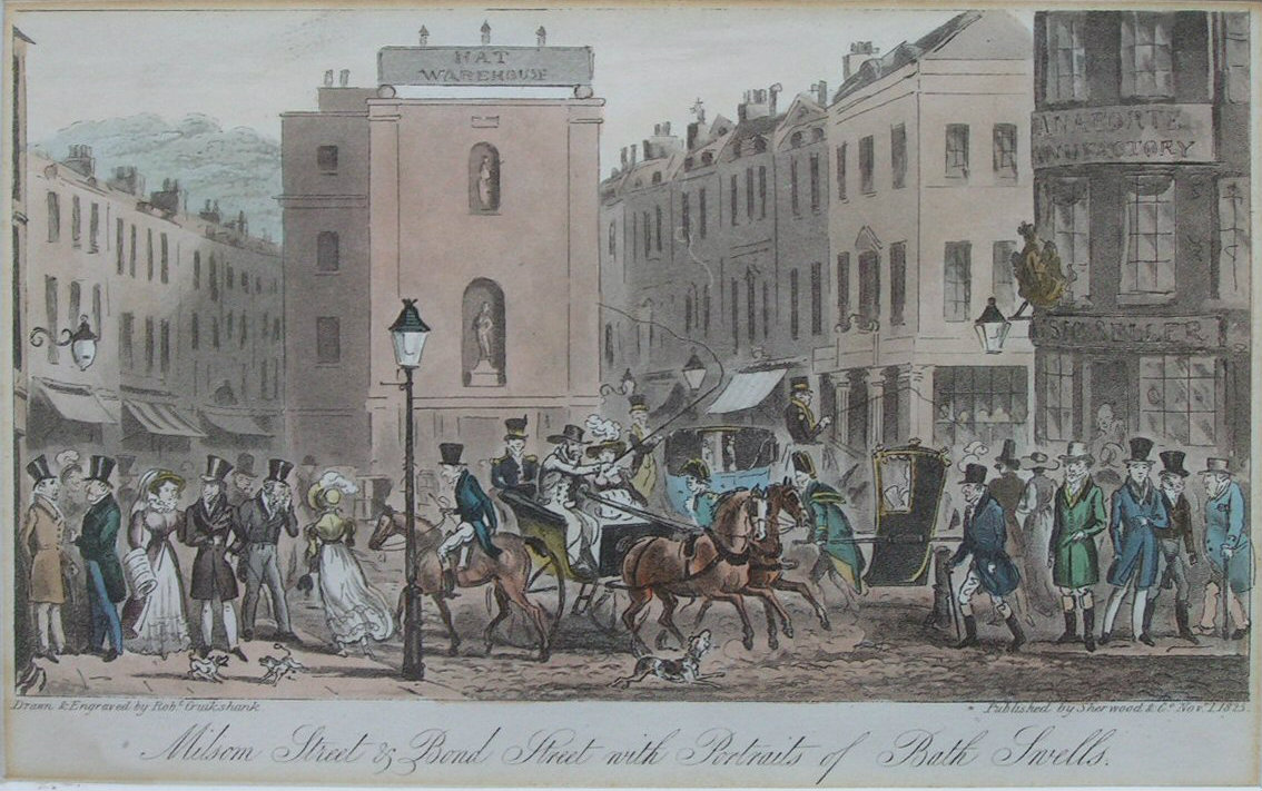 Aquatint - Milsom Street & Bond Street with Portraits of Bath Swells - Cruikshank